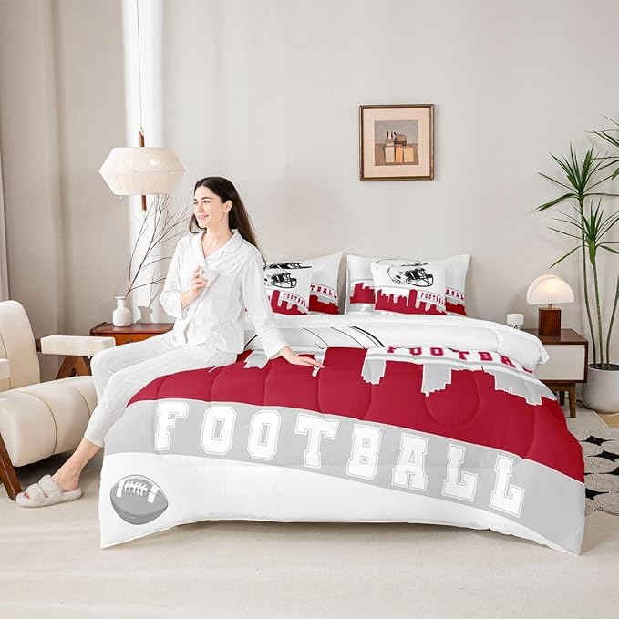 Erosebridal Football 7 Pcs Comforter Set Queen Football City Bedding for Men Boys Red Grey Football Fans Sheet Set Bed in A Bag Rugby Game Room Decor Sports Ball Competition Quilt