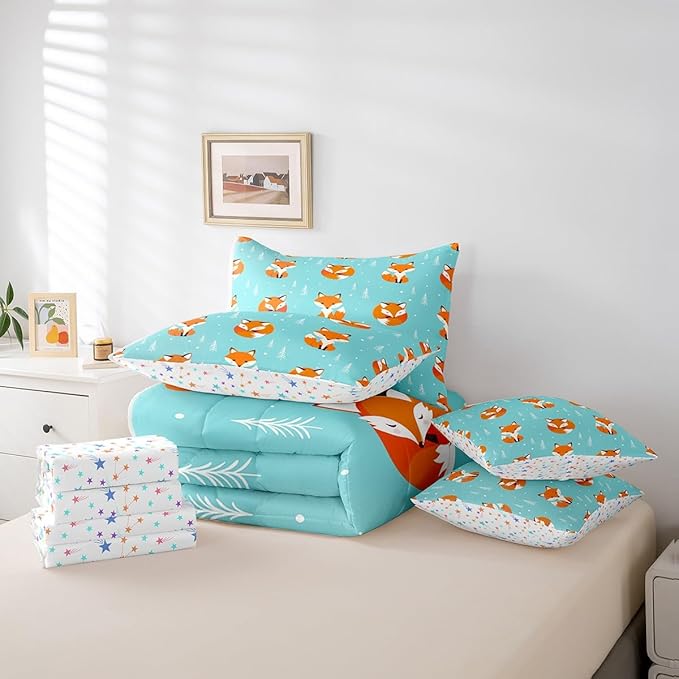 Feelyou Kids Fox Comforter Set King Size 7 Pcs Girls Cute Fox Comforter Bed in a Bag Wild Animal Bedding Set for Boys Toddler Cartoon Fox Bed Set with Sheets, Pillowcases, Pillow Covers
