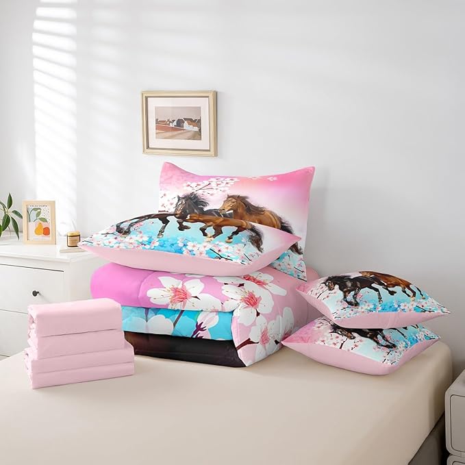 Feelyou Girls Horse Comforter Set King Size 7 Pcs West Horses Comforter Bed in a Bag Pink Cherry Blossom Bedding Set for Women Teens Farmhouse Western Bed Set with Sheets, Pillowcases, Pillow Covers