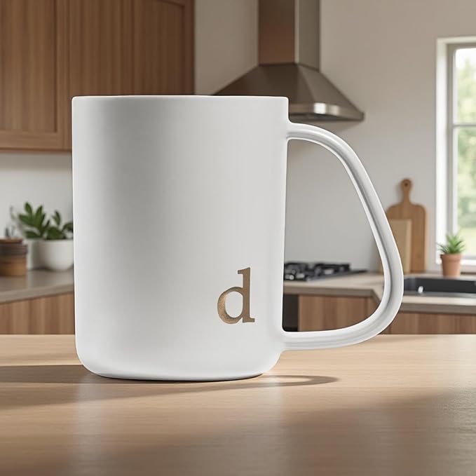 COLLECTIVE HOME - Ergonomic Handle Ceramic Mug, 15 oz Personalized Coffee Cup with Golden Initial, Microwave & Dishwasher Safe, Elegant Monogram Tea Mug in Gift Box for Home & Office (White-d)