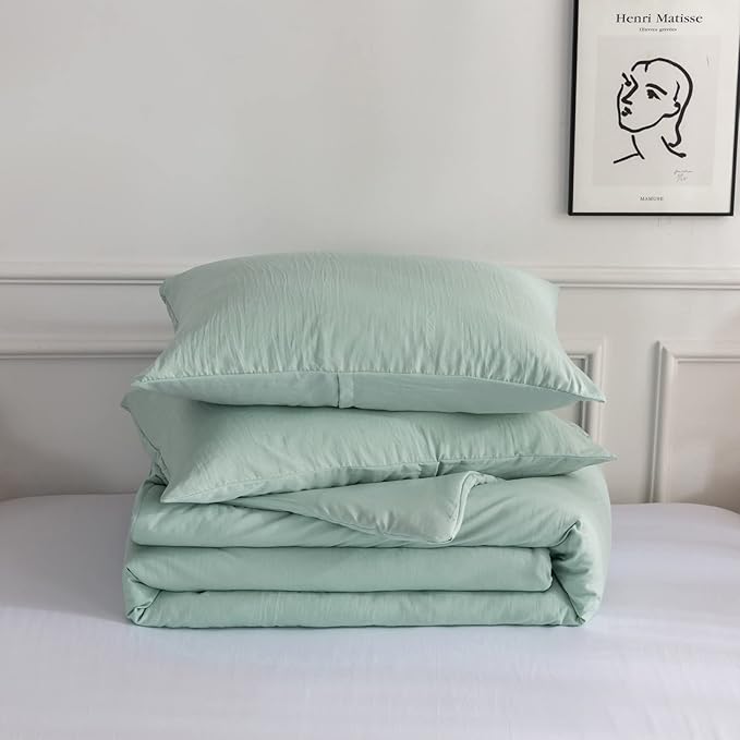 COTTEBED Ultra-Soft Sage Green Comforter Sets for Queen Bed - Light Weight All Season Solid Fluffy Washed Cotton Full Size Bedding Down Alternative Comforters Pillow Sham, Forest Sage Green Full/Queen
