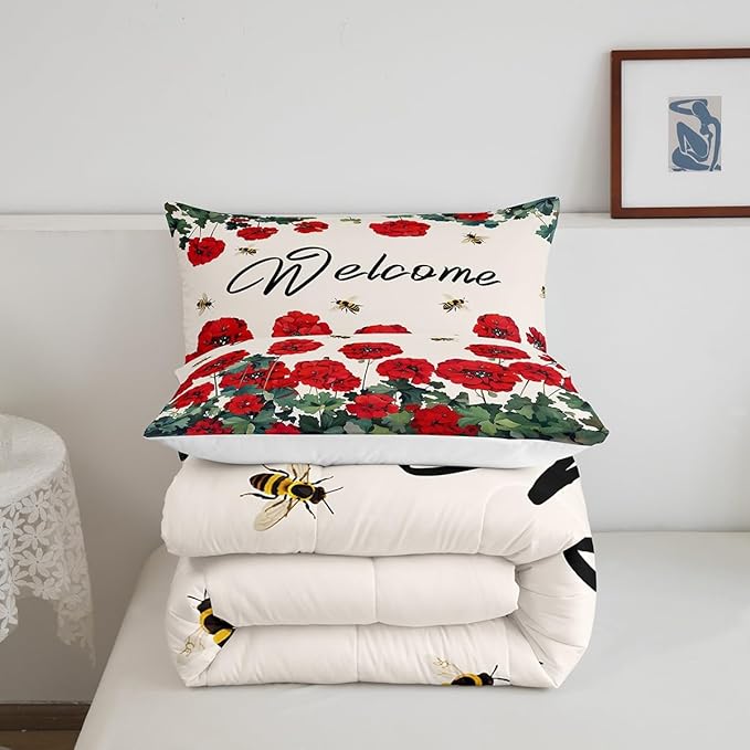 Erosebridal Red Farmhouse Flower Bedding Sets Queen Spring Bee Geranium Down Comforter Rustic Blossom Floral Comforter Set for Kids Girls Adults Women,Green Leaf Bed Set Country Garden Style Decor