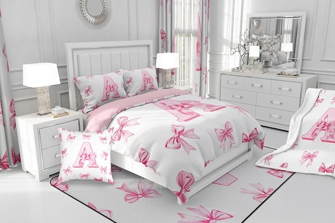Erosebridal Initial Letter A Comforter Set Pink Bow Girls Toddler Bedding Set Kawaii Girly Bowknot Bedding Comforter Sets Princess Style Romantic Bow Bed Set for Kids Teen Women