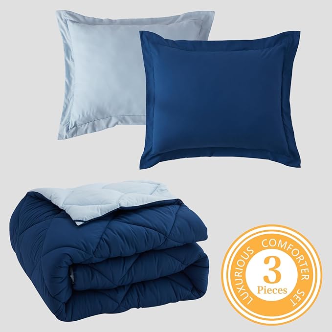 NexHome Queen Comforter Set Navy Blue&Light Blue,3 Pieces Lightweight Comforters Queen Size Reversible Bedding Comforters Sets,Down Alternative Comforter Bed Set Quilt Blanket