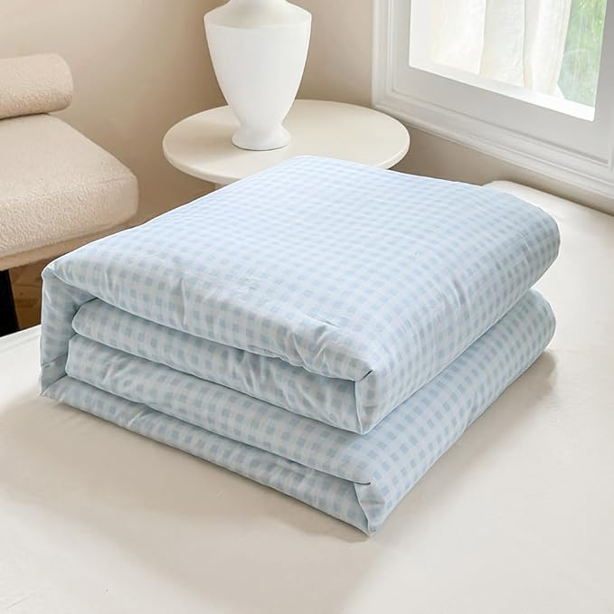 NSNLGSGC Light Blue Gingham Cotton Comforter Set Twin, 100% Washed Cotton Blue Plaid Checked Comforter Bedding, 2 Pieces Vintage Farmhouse Grid Bedding Set(Light Blue Gingham, Twin)