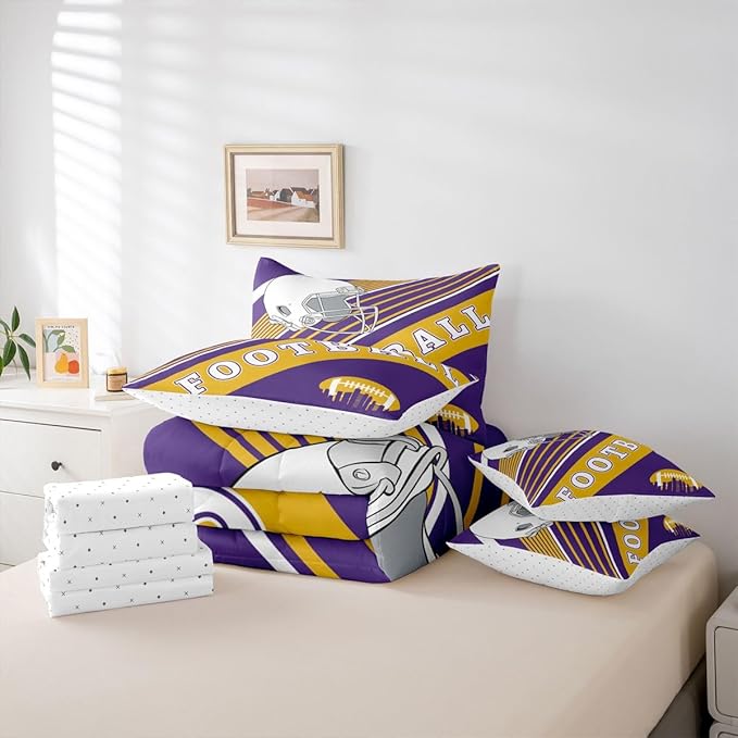 Erosebridal Rugby Football Comforter Sets Queen Size, Sports City Themed Bedding Bed in A Bag(Comforter+Fitted+Flat Sheet+2 Pillowcases+2 Throw Pillow Covers) 7 Pieces Bed Set
