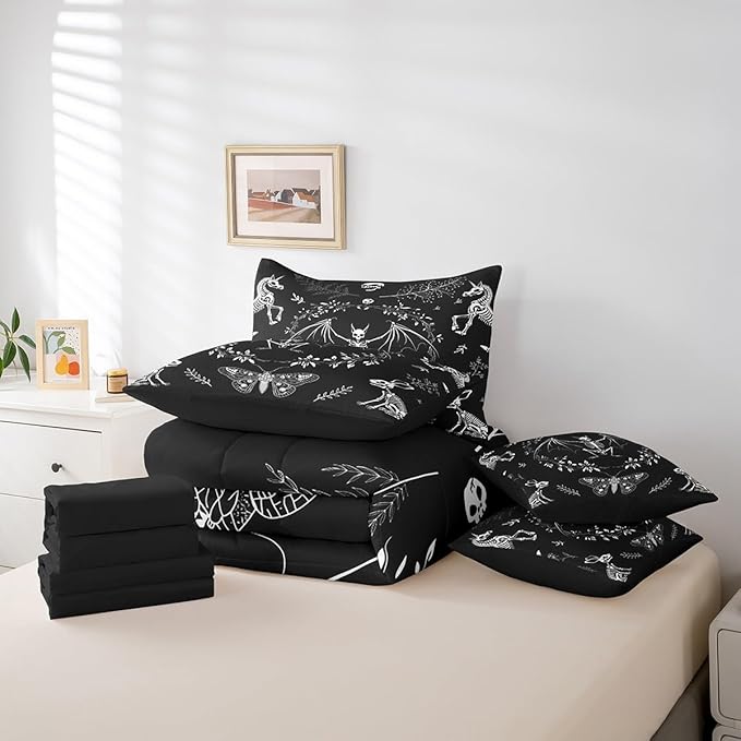 Moth Animal Comforter Set in a Bag 7 Pieces,Gothic Skull Boho Flower Bed Set Twin,Bohemian Exotic Skeleton Bedding Sets,(1 Comforter,2 Pillowcase,2 Pillow Covers,1 Flat Sheet,1 Fitted Sheet)