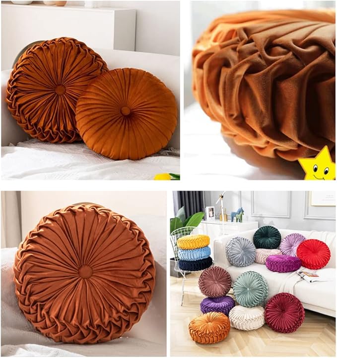 NatureMan 13.7 inch Round Sofa Cushion Pure Color Velvet Home Decor, Pleated Round Cushion, Pumpkin Pillow Suitable for Home Bed car Decoration (Orange)