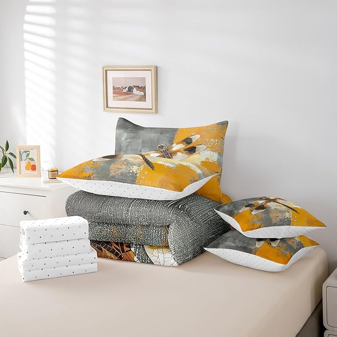 Erosebridal Hippie Dragonfly Bedding King Size 7-Piece Yellow Grey Oil Painting Comforter Set, Aesthetic Bed in a Bag (1 Comforter, 1 Fitted Sheet, 1 Flag Sheet, 2 Pillowcases, 2 Throw Pillow Covers)