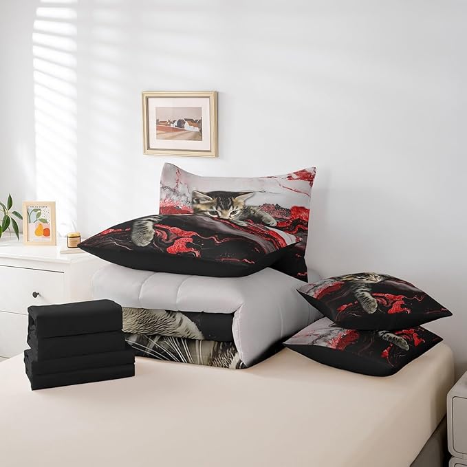 Erosebridal Red Marble Bedding Set 7 Pieces Watercolor Marble Ink Fluid Bed in A Bag Luxury Modern Marbling Cat Comforter Sets with Sheets, Retro Artwork Style Aesthetic Bed Set(Red, Twin)