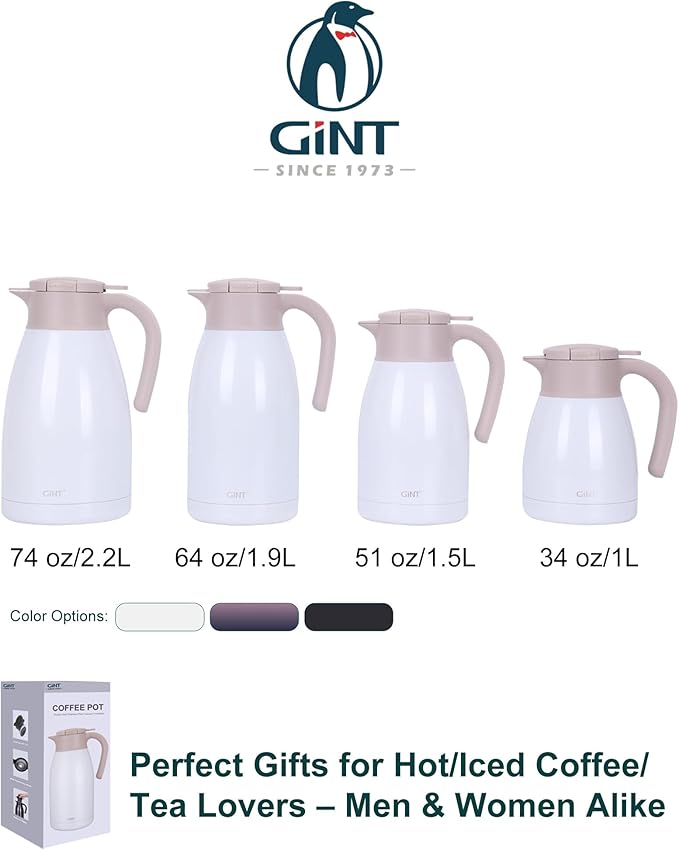 GiNT 50.7 Ounces Stainless Steel Thermal Coffee Carafe with Lid/Double Walled Vacuum Thermal Carafe / 12 Hour Heat Retention (White, 1.5L)
