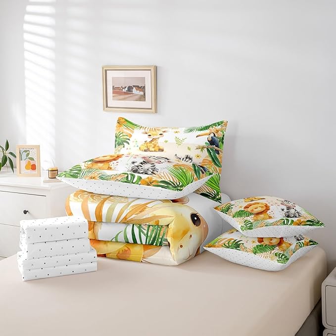 jejeloiu Kids Zoo Animal 7 Piece Bedding Set Full Size Cute Animal Comforter Set with Sheets for Boys Girls Teens Lion Giraffe Elephant Bed in a Bag Tropical Leaves Bed Set