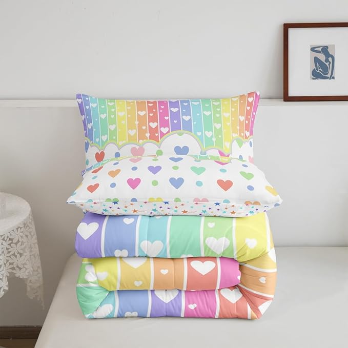 Manfei Cartoon Rainbow Kids Comforter Set Toddler Size,Wave Points Love Heart Dreamy Style Bedding Set,Girls Women Room Decor,Colorful Geometric Stripes Down Comforter,Chic Duvet Insert,1 Pillowcase