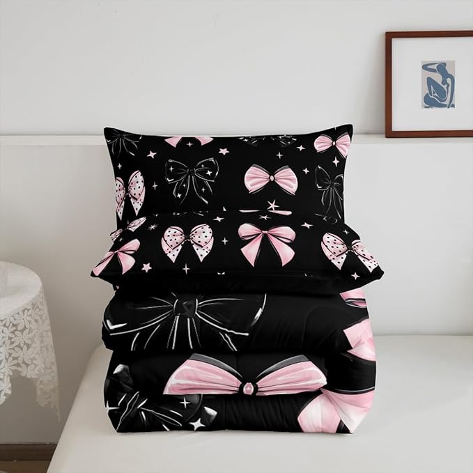 Erosebridal Black Pink Bow Bedding Set Cute Cartoon Bowknot Queen Comforter Set for Girls Coquette Butterfly Knot Bedding Comforter Sets for Kids Teen Adults,Princess Style Kawaii Bed Set