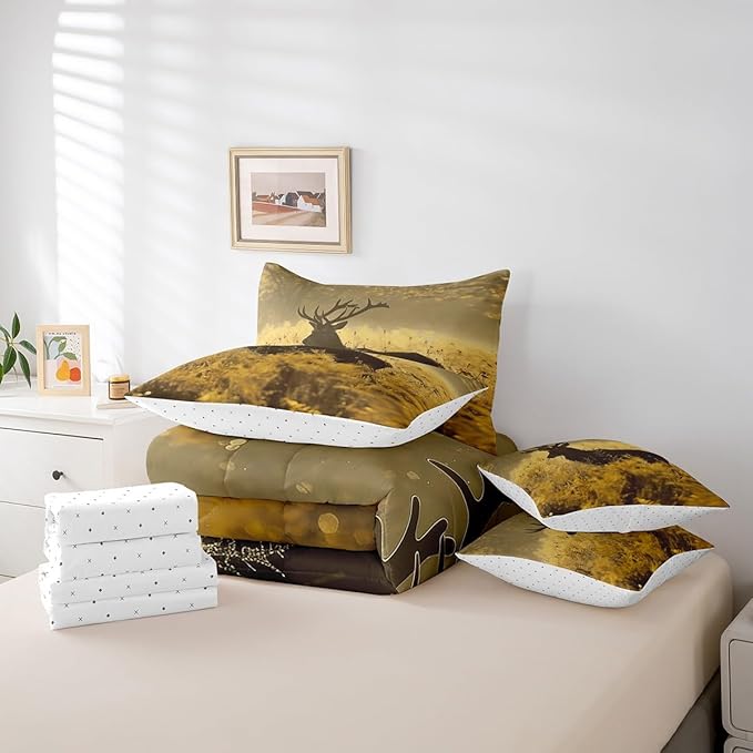 Erosebridal Deer 7 Piece Bed in a Bag King Size,Deer Antler Comforter Set,Rural Hunting Theme Down Comforter,Rustic Countryside Style Fitted Sheet,Wild Animals Bedding Sets for Bedroom Decor