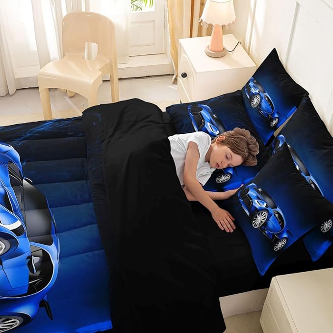 Feelyou Sports Car 7 Piece Bedding Set Blue Race Car Comforter Set with Sheets for Kids Boys Girls Extreme Sports Theme Bed in a Bag Cool Speed Luxury Car Decor Bed Set with 1 Pillowcase Twin