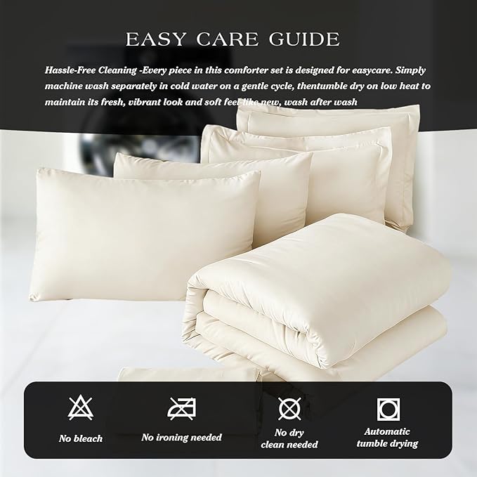 Cal King Comforter Set Double Brushed Microfier Cream - 7-Piece Bed in a Bag, All-Season Soft Bedding with Sheets & Envelope Pillowcases ((104"x90",Cal King)