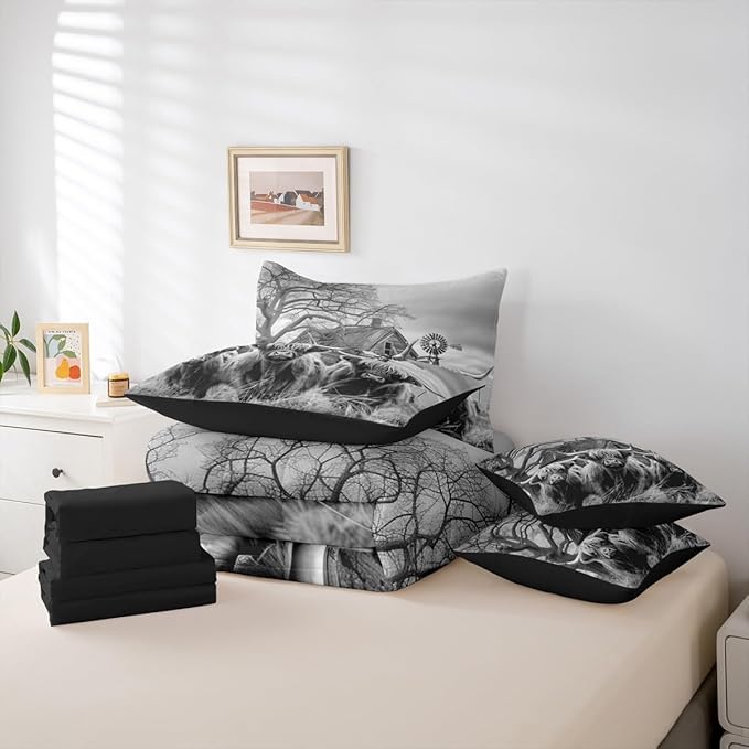 Erosebridal Highland Cow Queen Bedding Set - Cow Print Bed in A Bag,Western Rustic Comforter Sets with Sheets, Farmhouse Cabin Decor 7 Pieces Bed Set for Boys Girls Kids Room Decor