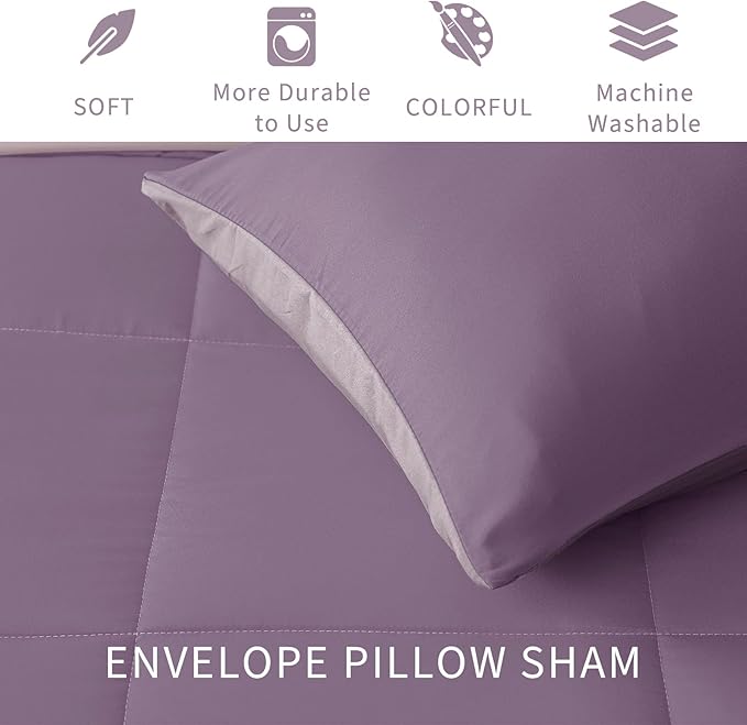 Exclusivo Mezcla Lightweight Reversible Full Queen Size Comforter Set, Down Alternative Comforter with 2 Pillow Sham, Full Queen Size Bedding Set for All Seasons, Dusty Lavender/Lilac Ash
