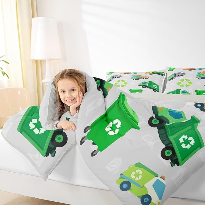 Feelyou Green Garbage Truck Toddler Size Bedding Set Cartoon Trash Truck Comforter Set for Kids Boys Girls Teens Green Vehicle Car Comforter Garbage Truck Toy Duvet Set with 1 Pillow Case