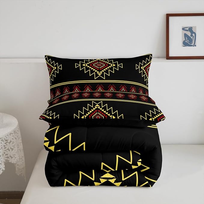 Western Aztec Queen Size Comforter Set, Native American Navajo Bedding Set for Boys Adult Teens, Southwestern Geometric Quilt Ethnic American Native Duvet Insert Rustic Farmhouse Decor,Black Yellow