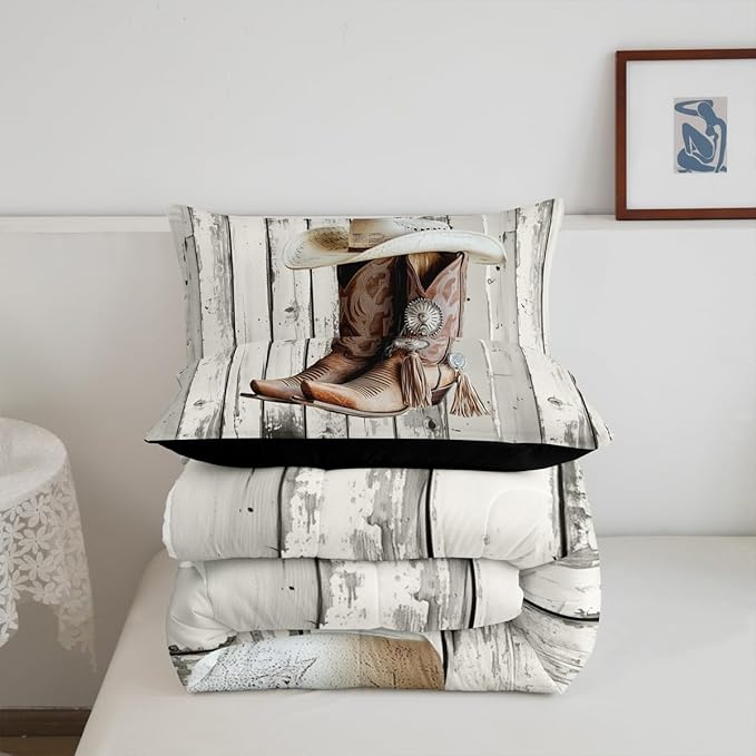 Erosebridal Western Texas Star Comforter Set Toddler Size, Rustic Horseshoe Bedding Set Country Wooden Door Quilt for Kids Teens Adult Men Bedroom, Retro Cowboy Farmhouse Bedding Comforter Sets