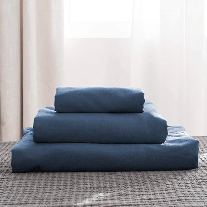 Simple&Opulence Belgian Linen Sheet Set Solid Color - 4 Pieces (1 Flat Sheet, 1 Fitted Sheet & 2 Pillowcases) Natural Flax Cotton Blend Soft Breathable Farmhouse Bedding - King Size, Classic Blue