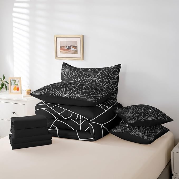Feelyou Spider Web Comforter Set Queen Size 7 Pcs Halloween Spider Comforter Bed in a Bag Black White Bedding Set for Boys Girls Teens Gothic Bed Set with Sheets, Pillowcases, Pillow Covers