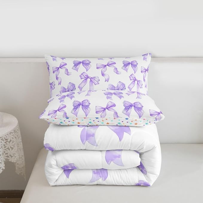 Erosebridal Purple Bowknot Girls King Bedding Set Dreamy Princess Bow Comforter Set Cute Kawaii Ribbon Bow Bedding Comforter Sets for Kids Teen Women Bedroom,Fantasy Coquette Bowknot Bed Set