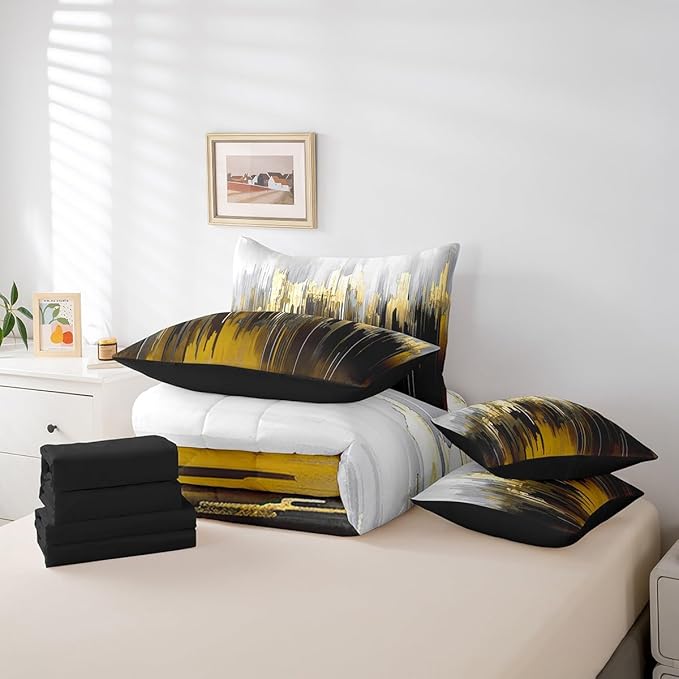 Abstract Graffiti Bedding Comforter Sets 7pcs Brown Yellow Bed in a Bag for Adults, Oil Painting Gradient Twin Bedding Sets Modern Artwork Comforter Set, Ombre Brush Strokes Bedding Sets & Collections