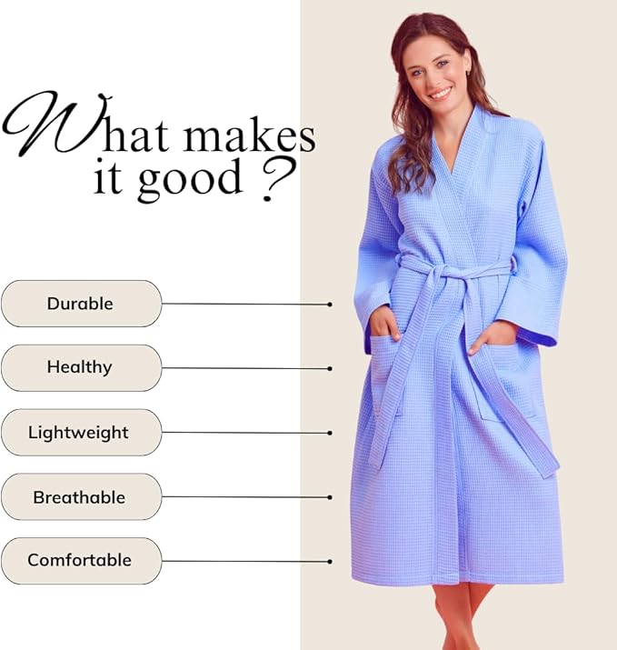 Luxurious Bathrobe for Women - Soft & Absorbent - Lightweigh & Comfort - Long & Kimono - Waffle & Cotton - Hotel/Spa Robe