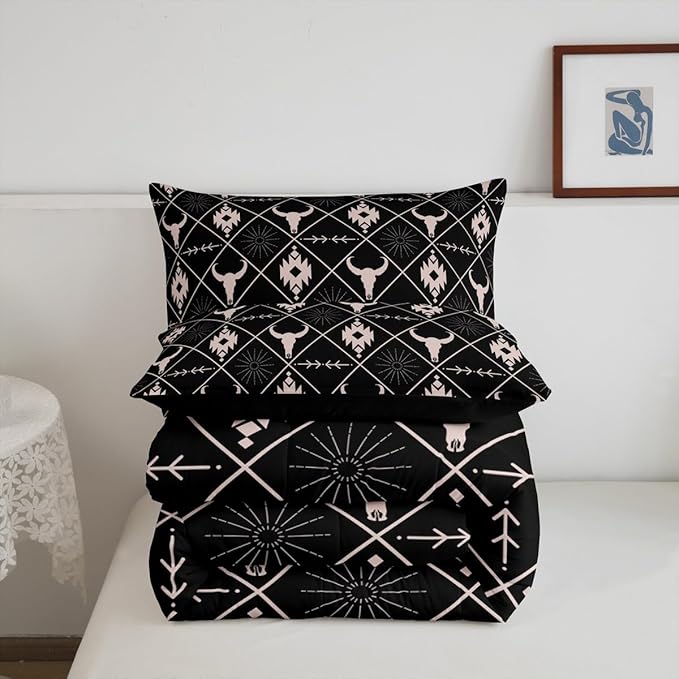 Erosebridal Bull Skull Comforter Set for Boys, Ethnic Western Horns Bedding Set King Size Tribal Aztec Boho Southwestern Duvet Insert Farmhouse Animal Vintage Quilt, 2 Pillow Cases, Black Brown