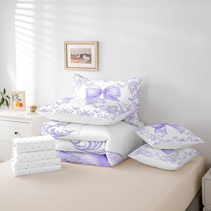 jejeloiu Girls Pretty Ribbon Purple Bow 7 Piece Bedding Set King Size Purple Damask Comforter Set with Sheets for Kids Women Cute Bow Bed in a Bag Princess Bed Set