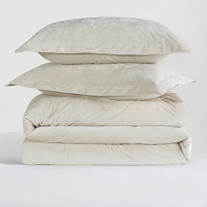 Luxury Velvet Queen Comforter Set, 3 Pieces Reversible Comforters Queen Size with 2 Pillow Shams, Brushed Solid Microfiber Back, All Season Cozy, Soft, Warm, Lightweight (Beige, 90x90 Inch)