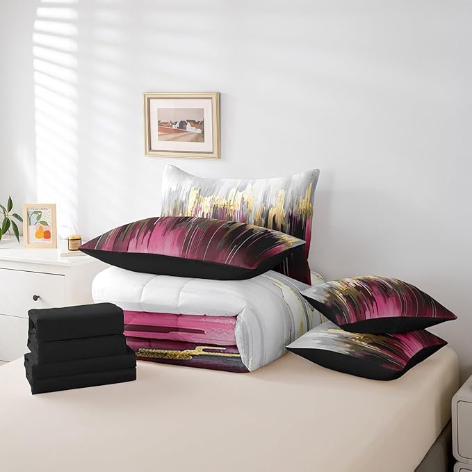 Hot Pink Purple Queen Comforter Set 7 Pieces Abstract Watercolor Bedding Comforter Sets, Gradient Stripe Bed in a Bag Chic Vintage Aesthetic Bedding Set, Graffiti Oil Painting Modern Bed Sheets Set