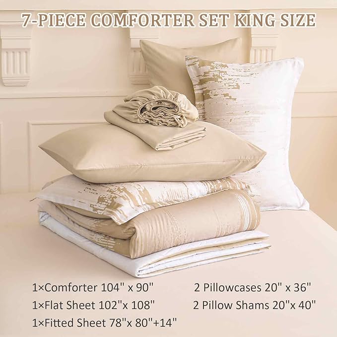 WONGS BEDDING Comforter Set King, Ombre Beige 7 Pieces Bed in a Bag Colorful Abstract Art Gradient Comforter Soft Microfiber Bedding Set with Flat Sheet, Fitted Sheet, Pillow Shams, Pillowcases