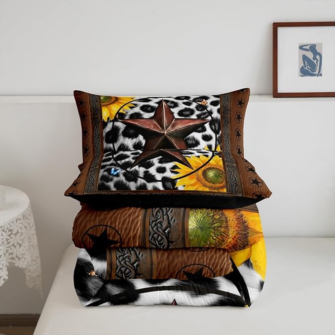 Erosebridal Western Texas Star Bedding Set Twin, Rustic Cowhide Comforter Set for Kids Teens Adult Room Decor, Cow Print Farm Animal Duvet Insert Cowboy Vintage Sunflower Quilt, 1 Pillow Case