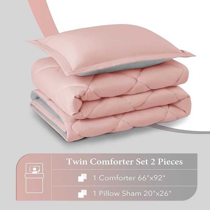 downluxe Twin Comforter Set - Pink and Grey Twin Comforter, Soft Bedding Sets for All Seasons -2 Pieces - 1 Comforter (66"x92") and 1 Pillow Sham(20"x26")