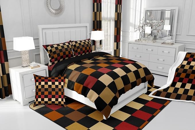 Checkered Retro Kids Comforter Set Full Size Brown Red Black Plaid Bedding Set Geometric Vintage Duvet Quilt for Kids Boys Girls Bedroom Modern Simple Groovy Aesthetic Decor