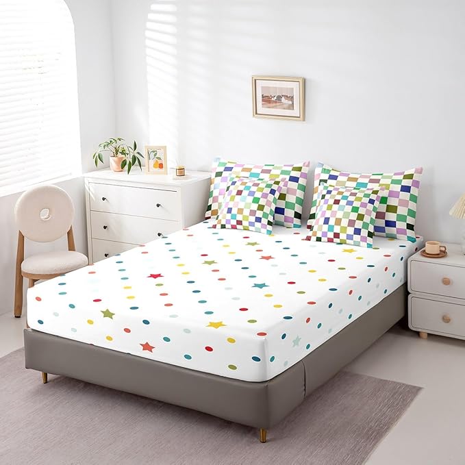 Feelyou Colorful Checkered 7 Piece Bedding Set Teen Retro Modern Geometric Colorful Comforter Set with Sheets King Size Kids Boys Cute Neutral Plaid Bed in a Bag Vintage Aesthetic Room Decor