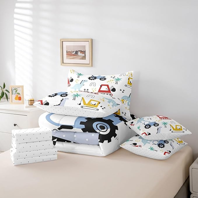 jejeloiu Kids Cartoon Dinosaur 7 Piece Bedding Set King Size Cartoon Car Comforter Set with Sheets for Boys Girls Construction Excavator Bed in a Bag Jungle Dino Bed Set