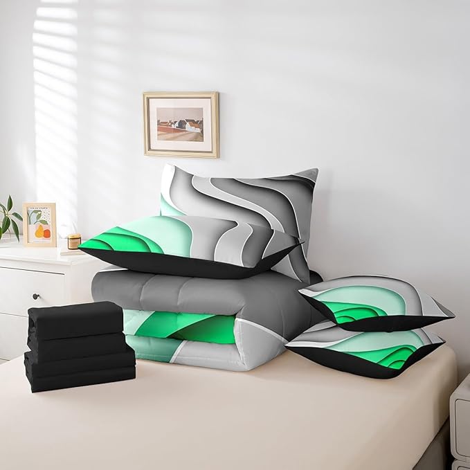 Erosebridal Grey Green Gradient Twin Comforter Set 7 Pieces Kids Teens Adults Geometric Stripe Bedding Comforter Sets, Aesthetic Wave Bed in a Bag Modern Abstract Bedding Set, Ombre Bed Sheets Set