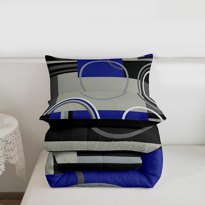 Erosebridal Dark Blue Black Gray Comforter Set Queen Modern Swirls Striped Bedding Set Abstract Circles Rings Duvet Set Geometric Plaid Comforter Gromment Spiral Graphic Art Down Comforter Room Decor