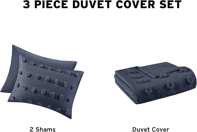 Intelligent Design Queen Duvet Cover Set, Clipped Jacquard Duvet Set Chic Pompoms Accent, All Seasons Lightweight Microfiber Bed Cover for Comforter with 2 Shams, Lucy, Full/Queen Navy 3 Piece