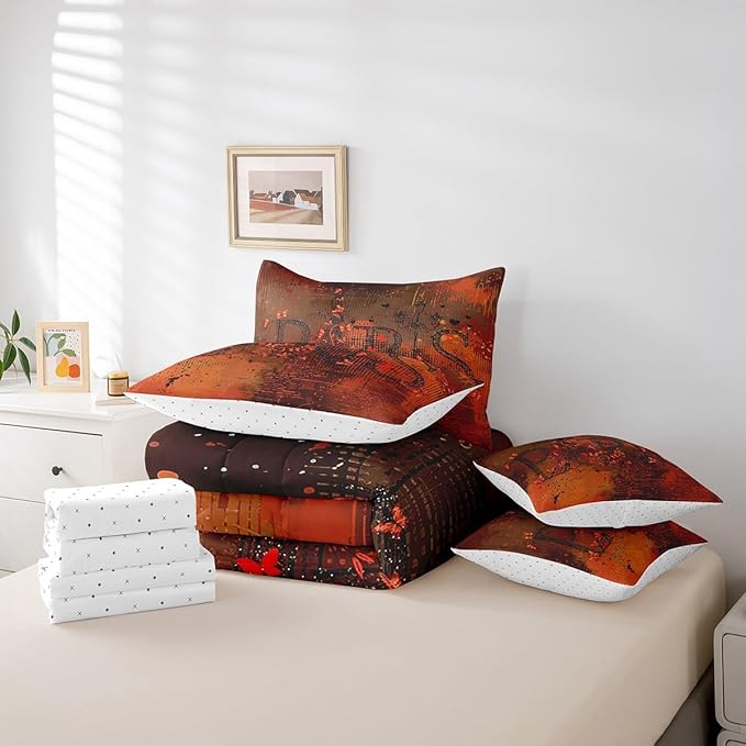 Erosebridal French Paris King Comforter Set 7-Piece Romantic Eiffel Tower Bed in a Bag, Red Gradient Bedding Comforter Sets Retro Grunge Bedding Set with Fitted Sheet, Flat Sheet and Pillowcases