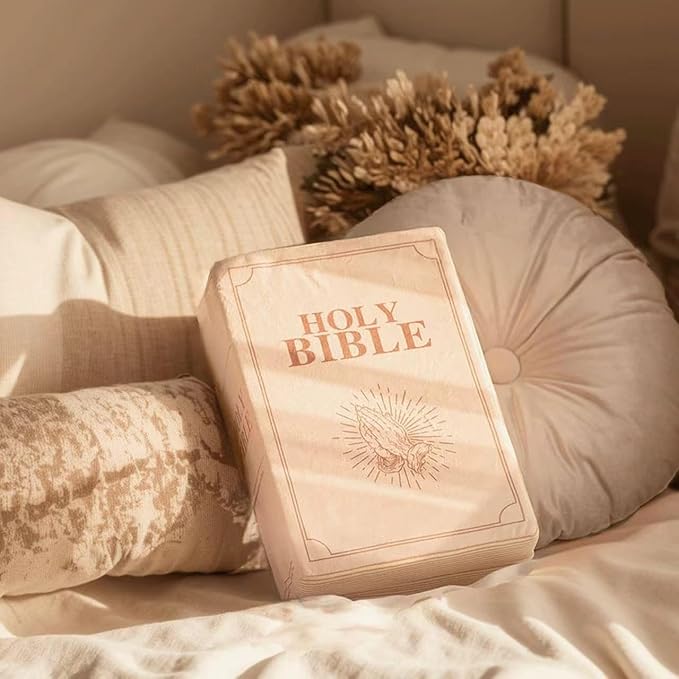 The Holy Bible Pillow Plush- Book Shape, Openable, Cozy Faith Bible Pillow Christian Bible Verse Pillow (Beige)