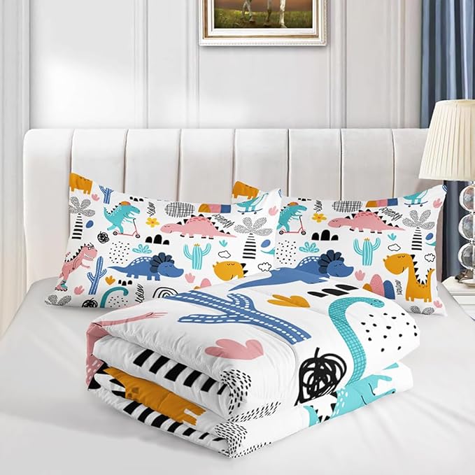 Cartoon Dinosaur Rainbow Comforter Set Full 3Pc Kawaii Dinosaur Bedding Set All Season with Cactus, Coconut Tree Decoration Includes 1 Comforter, 2 Pillowcases for Kids Girls Teens