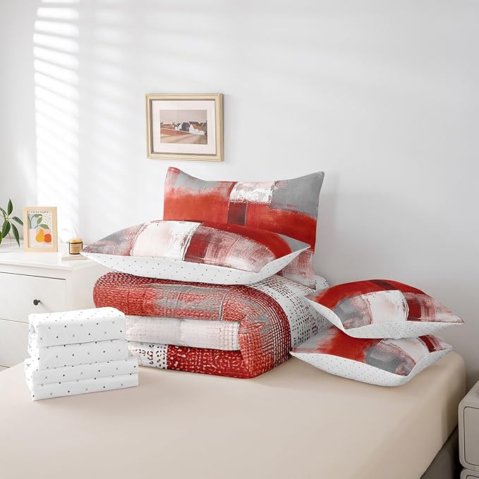 Erosebridal Red White Gray Queen Comforter Set 7pcs Aesthetic Bed in a Bag, Modern Watercolor Bedding Comforter Sets (1 Comforter + 1 Fitted Sheet + 1 Flag Sheet + 2 Pillowcase + 2 Throw Pillow Cover)