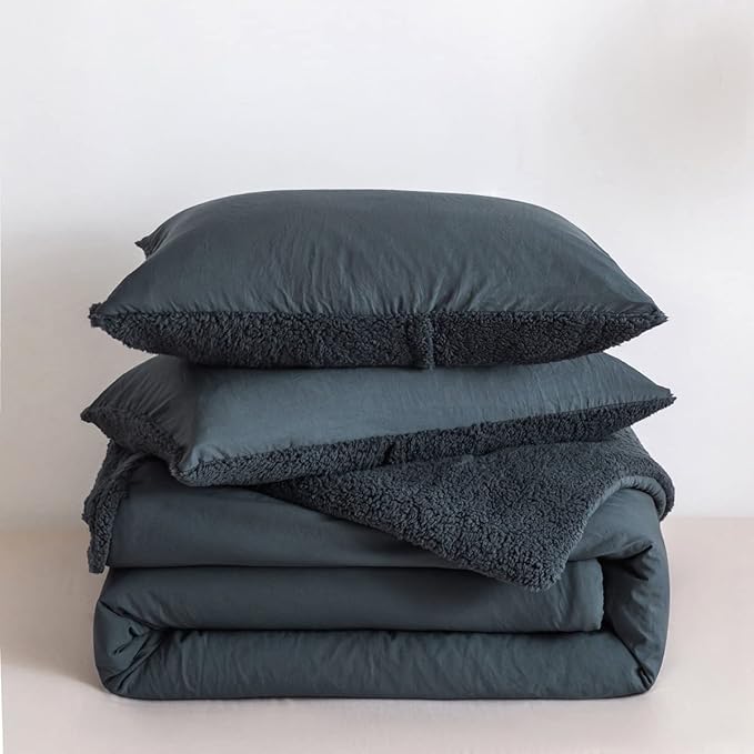 Warmth Queen Comforter Set - Super Soft Fluffy Sherpa Fleece PolyCotton Down Alternative Bedding Blanket Comforter Pillowsham, Plush Medium Weight for Winter Autumn, Dark Dusty Blue Grey Full/Queen