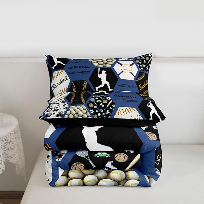 Erosebridal Baseball Bed Set for Boys,Baseball Player Comforter for Kids,Geometric Honeycomb Bedding Set Twin Size,Sports Ball Game Patchwork Quilt Set with 1 Pillowcase Lightweight